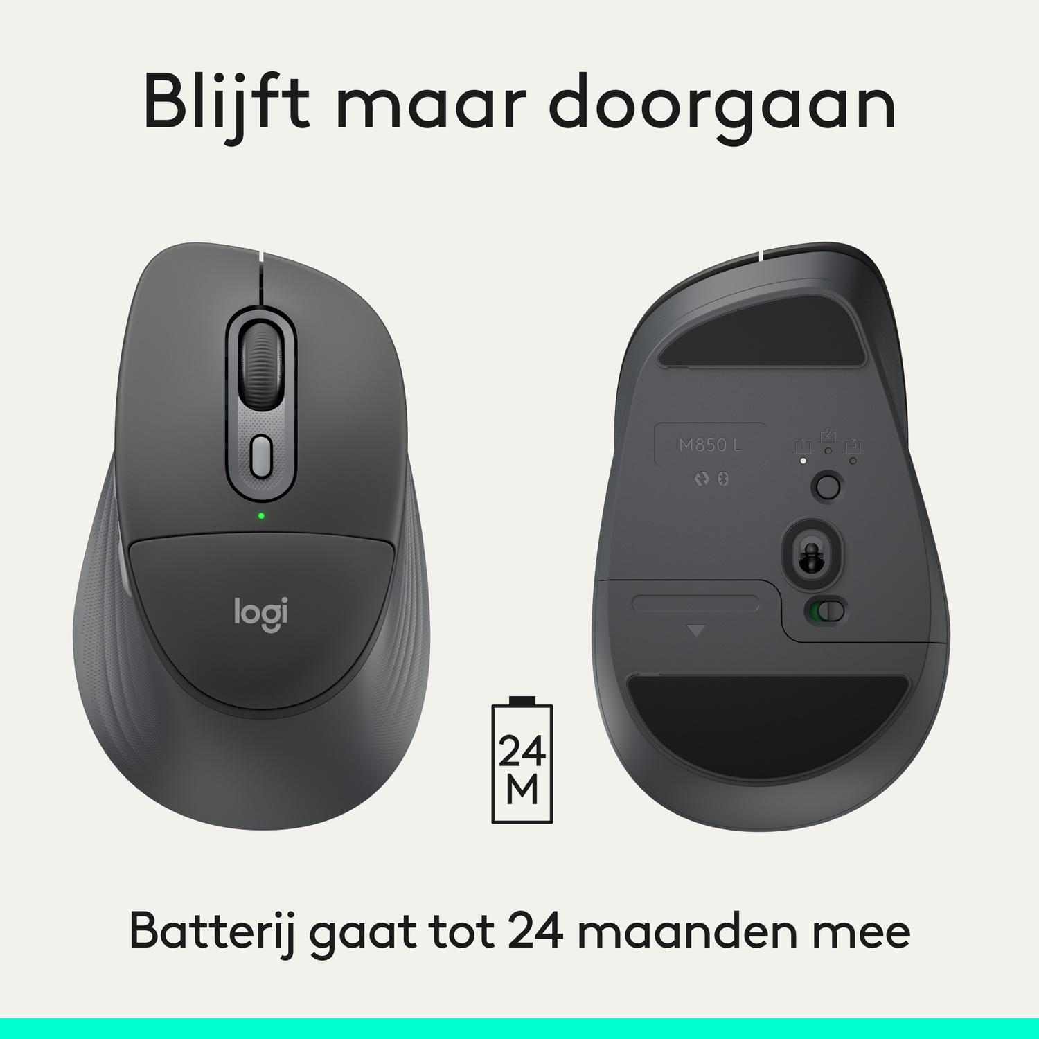 Grijze Logitech muis, boven- en onderkant getoond. Batterij 24 maanden.