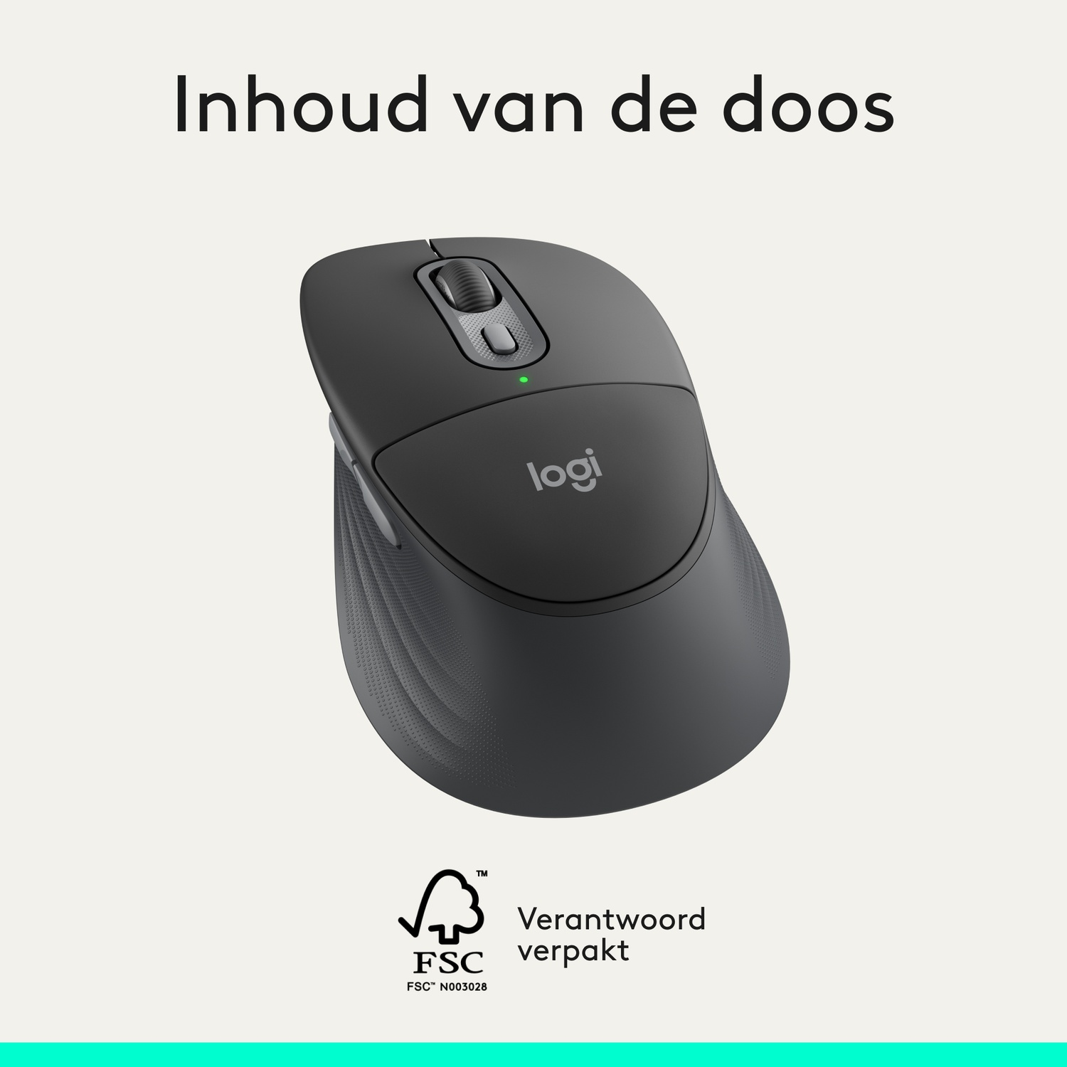 Een donkere Logitech computermuis met scrollwiel en groen lampje.