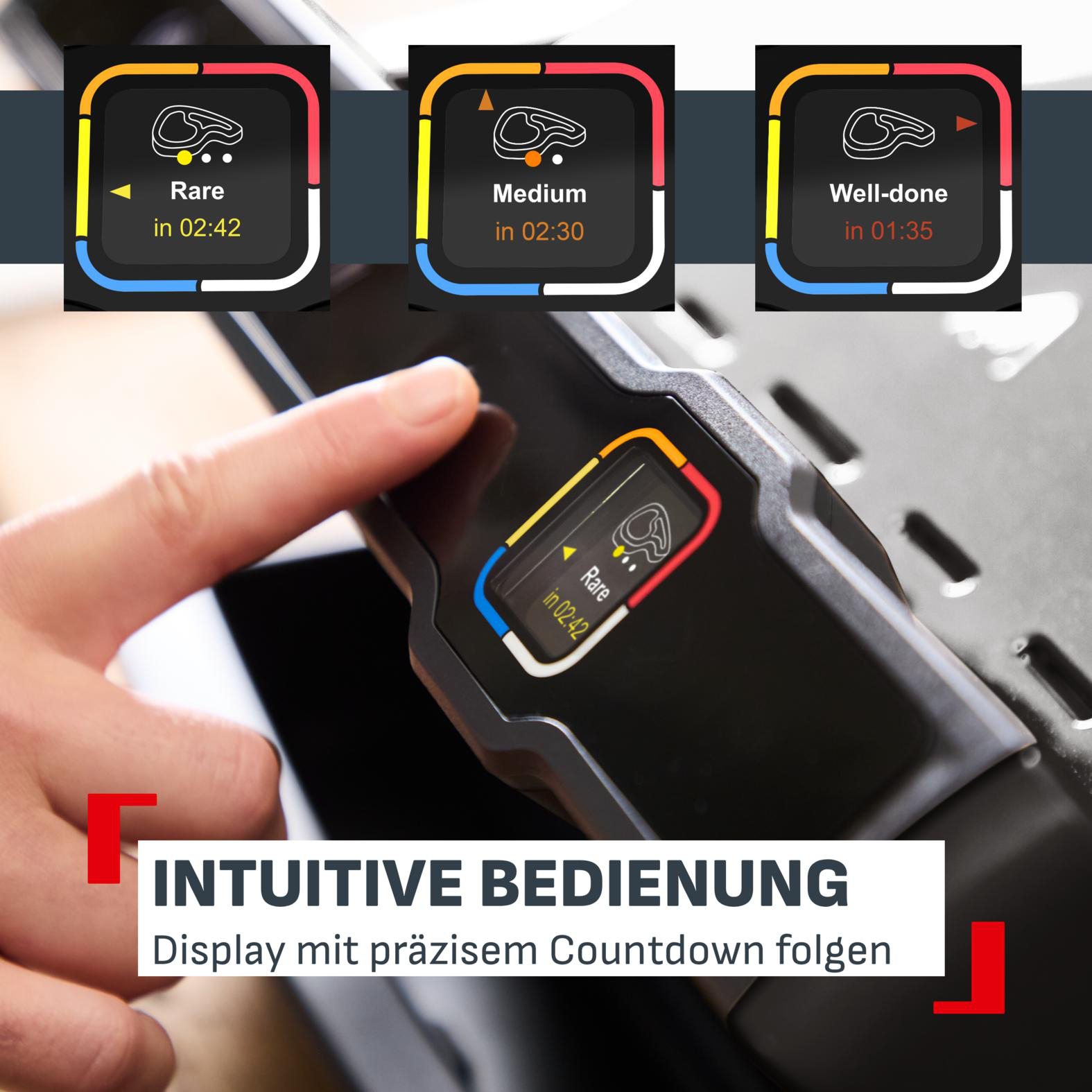 Display zeigt seltene, medium, well-done Garstufen mit Countdown.