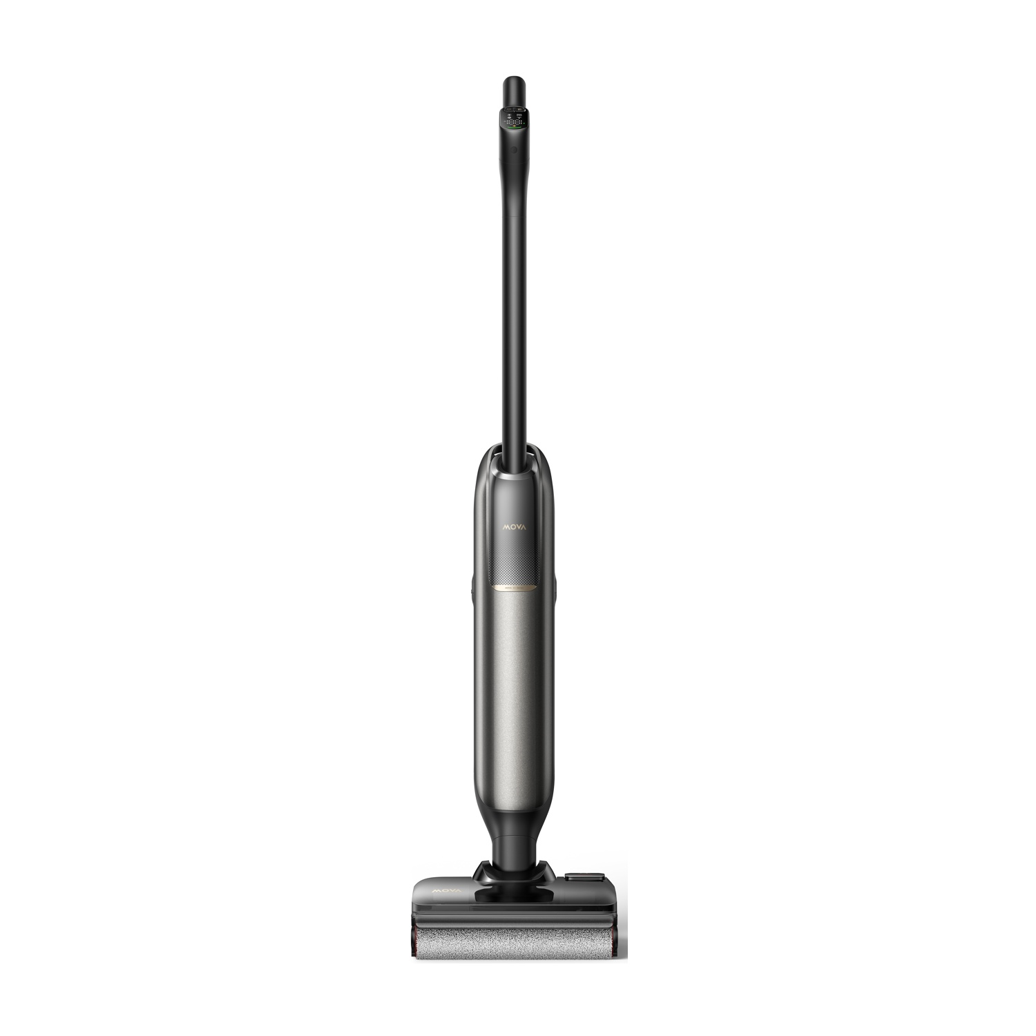 Un moderno aspirapolvere cordless grigio con rullo spazzola.
