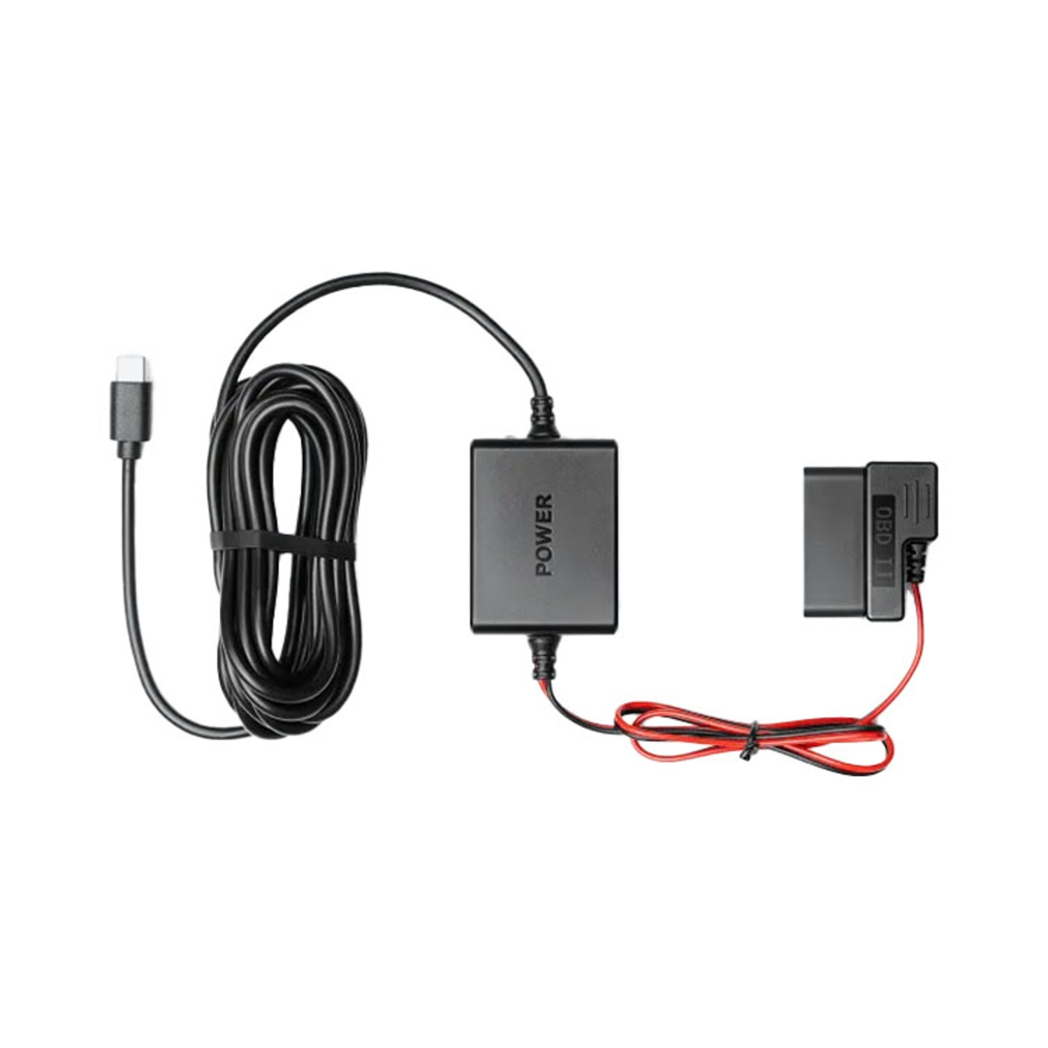 Un cavo di alimentazione nero con connettore USB-C e OBD-II su sfondo bianco.