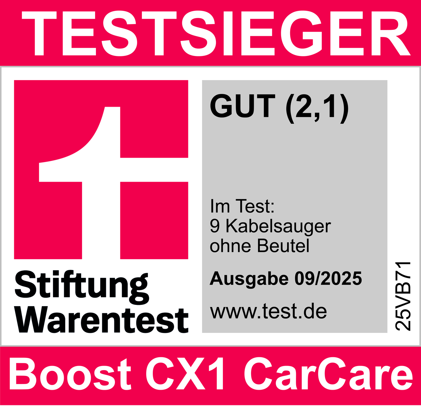 Stiftung Warentest 'TESTSIEGER' für Boost CX1 CarCare, Note 'GUT (2,1)'.