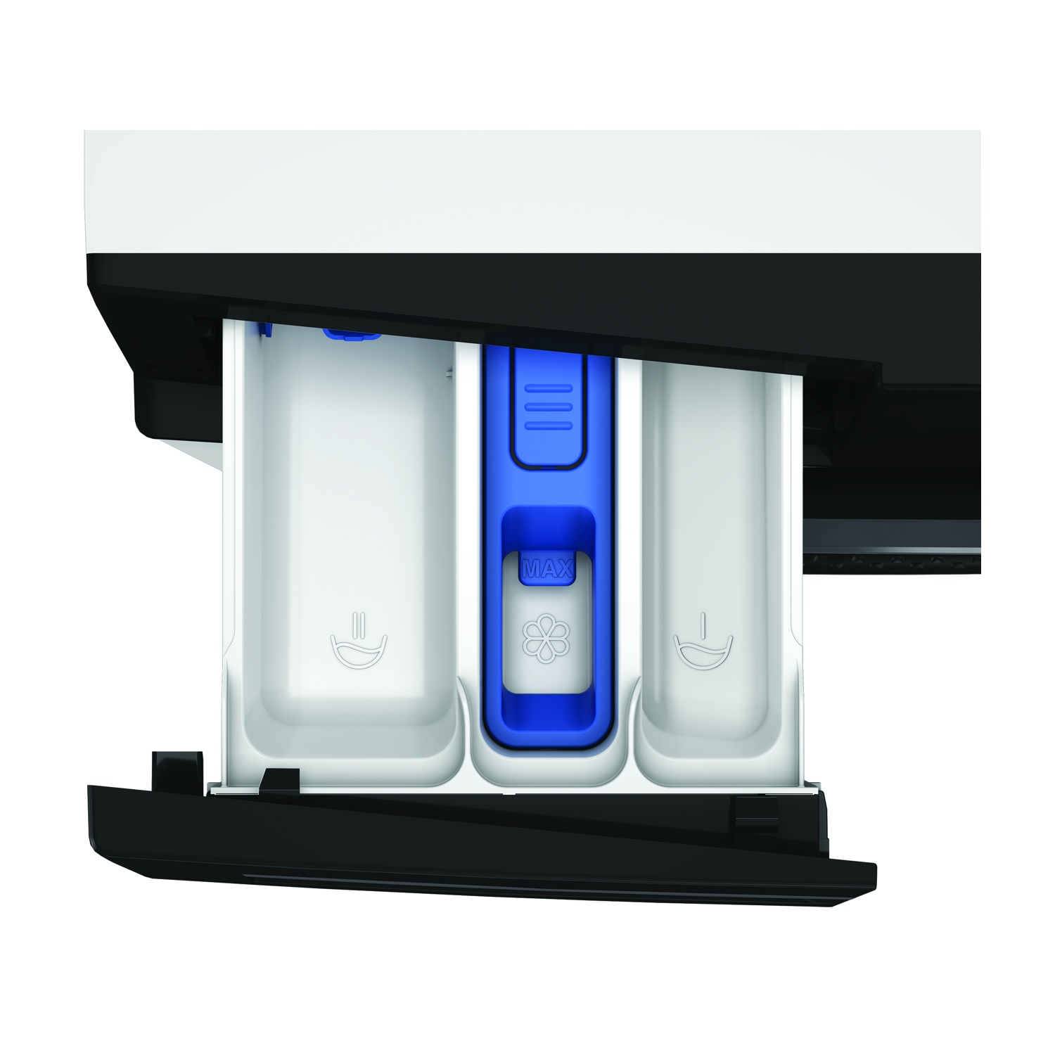 Un cassetto detersivo a tre scomparti, uno blu con la scritta MAX.
