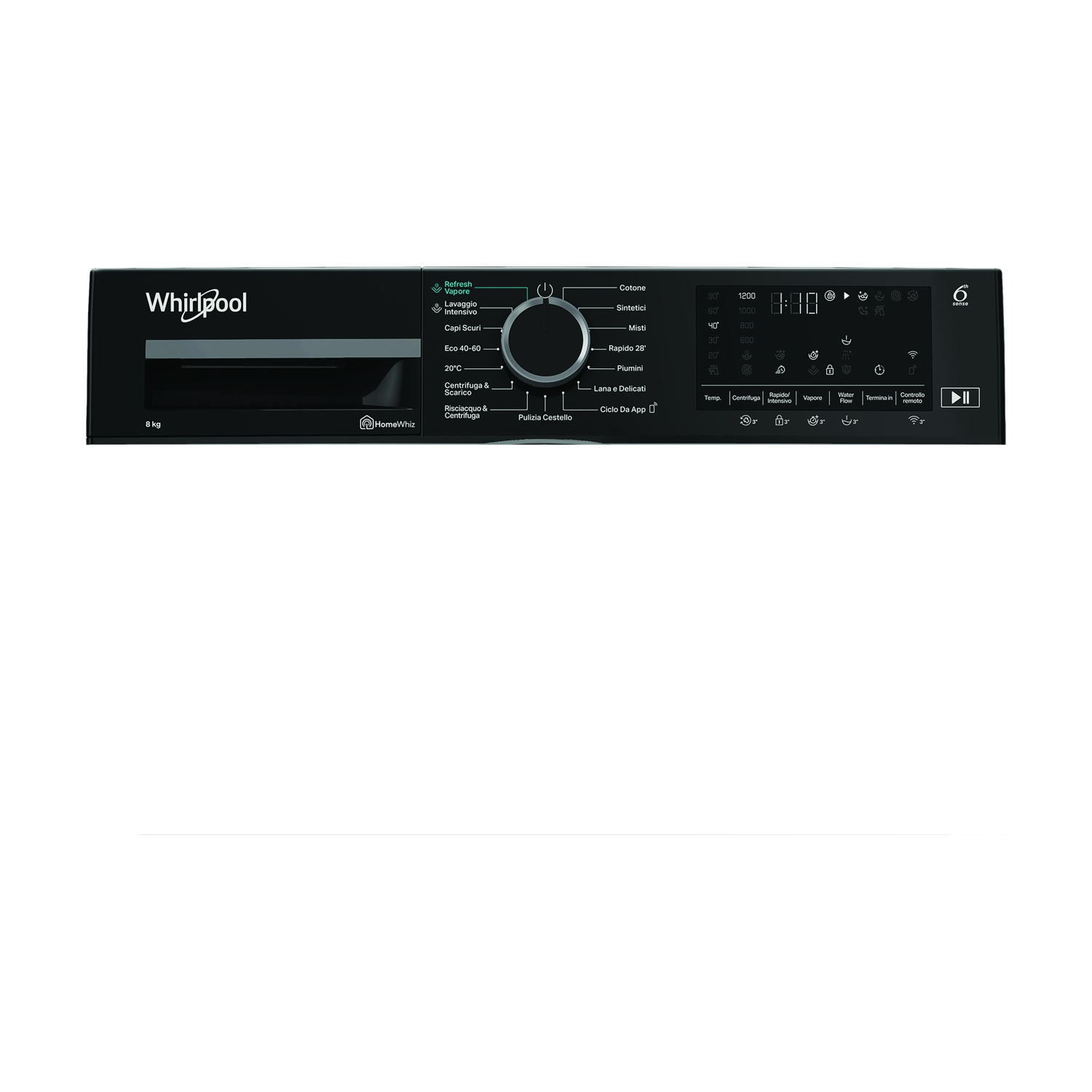 Lavatrice Whirlpool nera con display digitale e selezione programmi.
