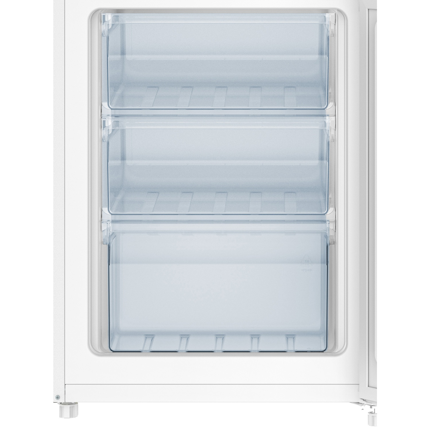 Een witte koelkast met drie transparante lades.