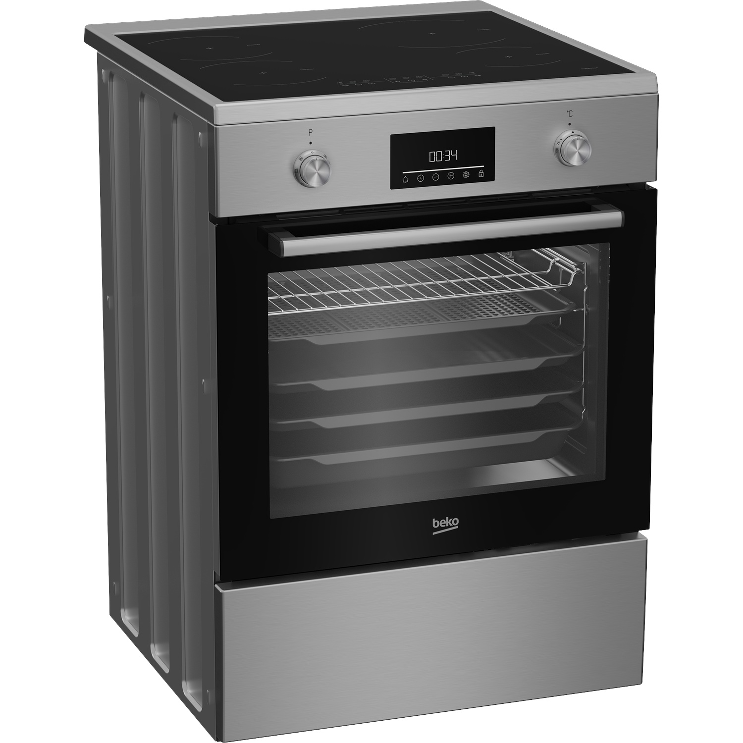 Modern silver oven with ceramic hob and digital display.