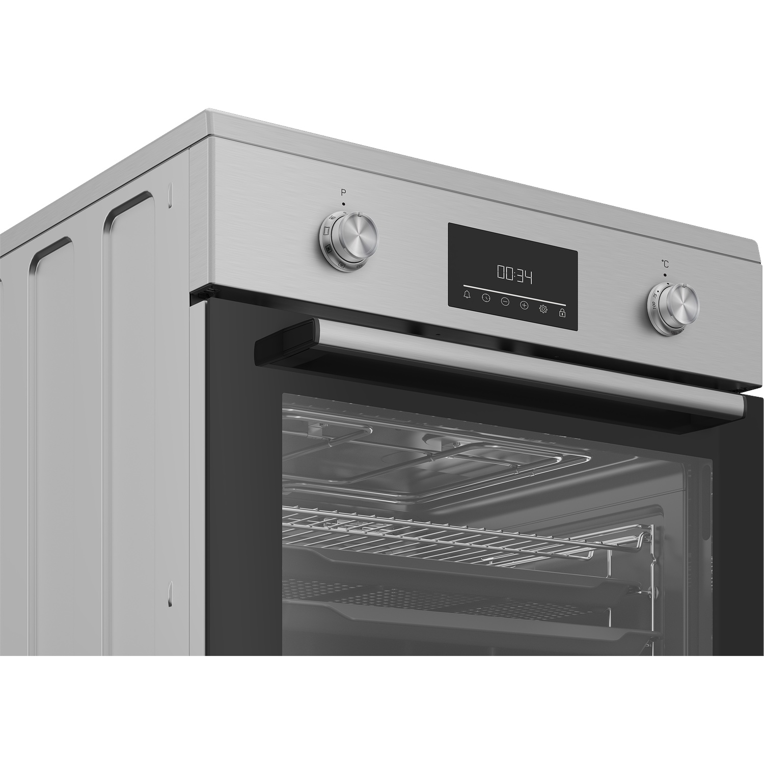 A modern stainless steel oven with a digital display and control knobs.