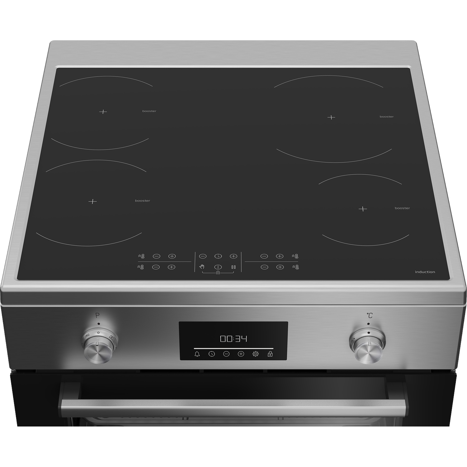 A modern induction hob with four cooking zones and a touchscreen display.