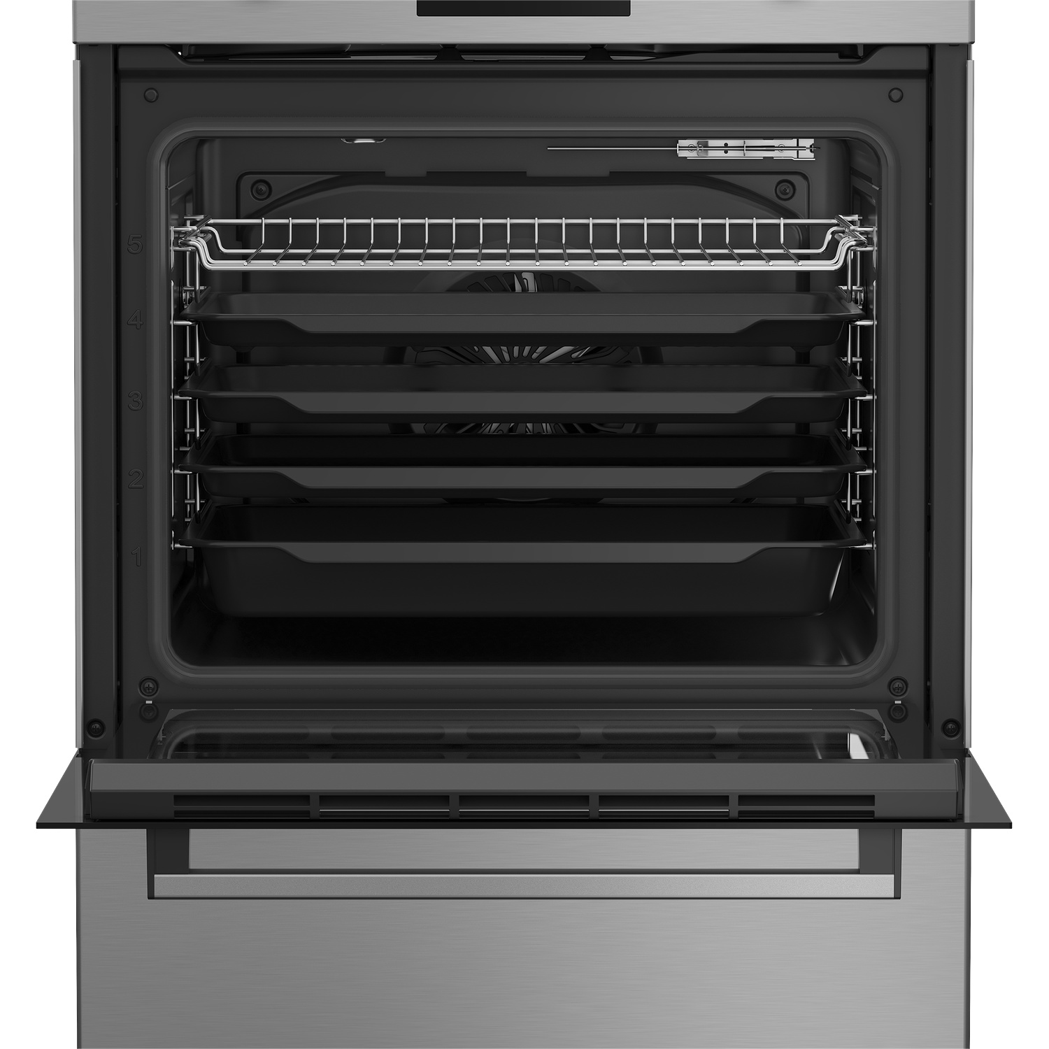 An open stainless steel oven with five racks and a wire rack.