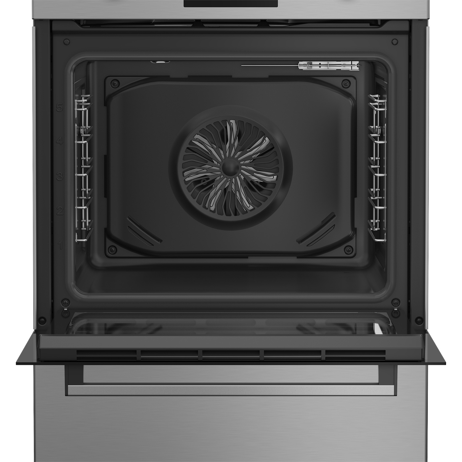 An empty, modern oven with a stainless steel front and fan.
