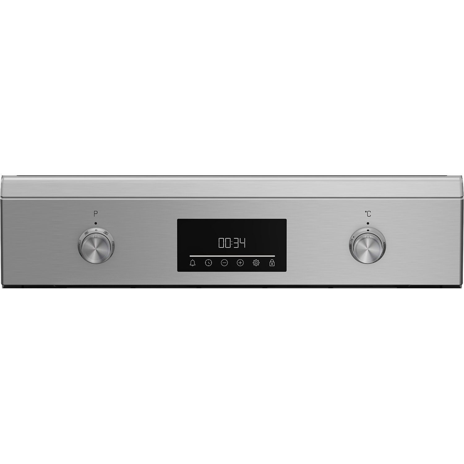 A silver control panel with two knobs and a digital display showing time.