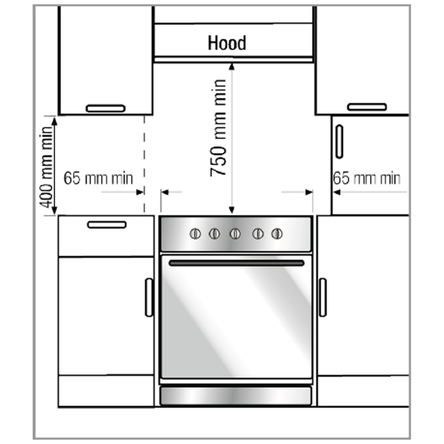 Diagram showing kitchen cabinet and oven clearances. Hood above oven.