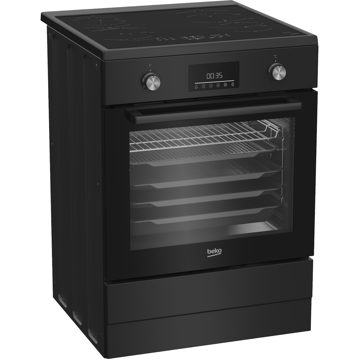 Black Beko oven with glass door, interior rack, and digital display. Induction hob top.