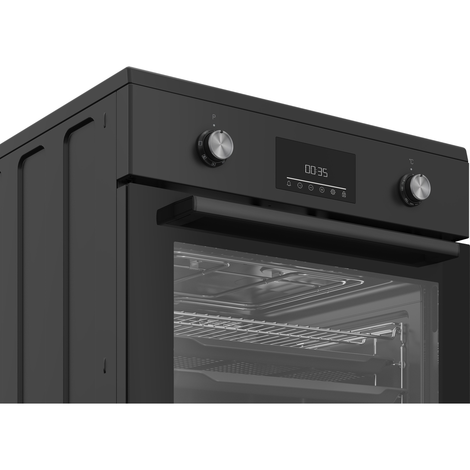 Close-up of a black oven featuring a digital display and two control knobs.