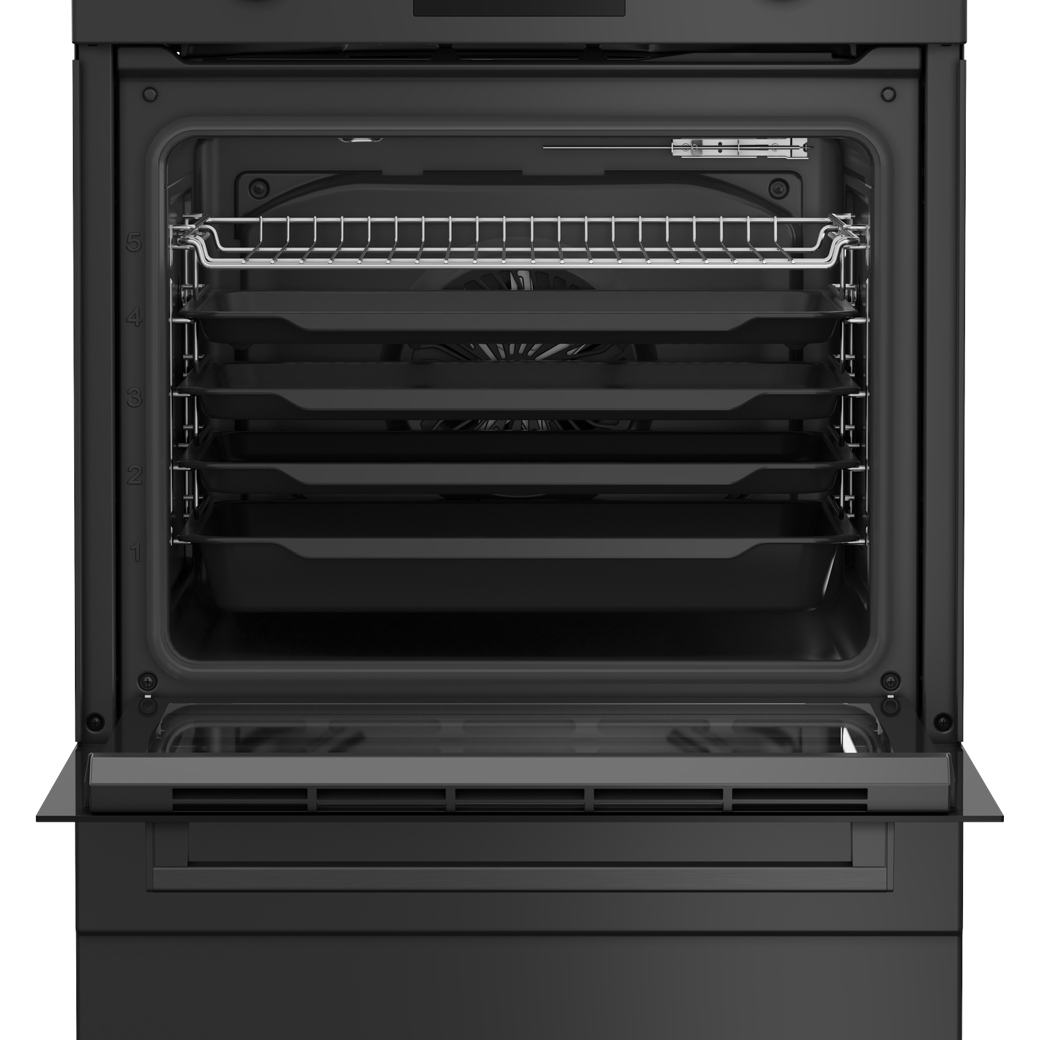 A black oven with its door open, showing five levels with baking trays and a rack.