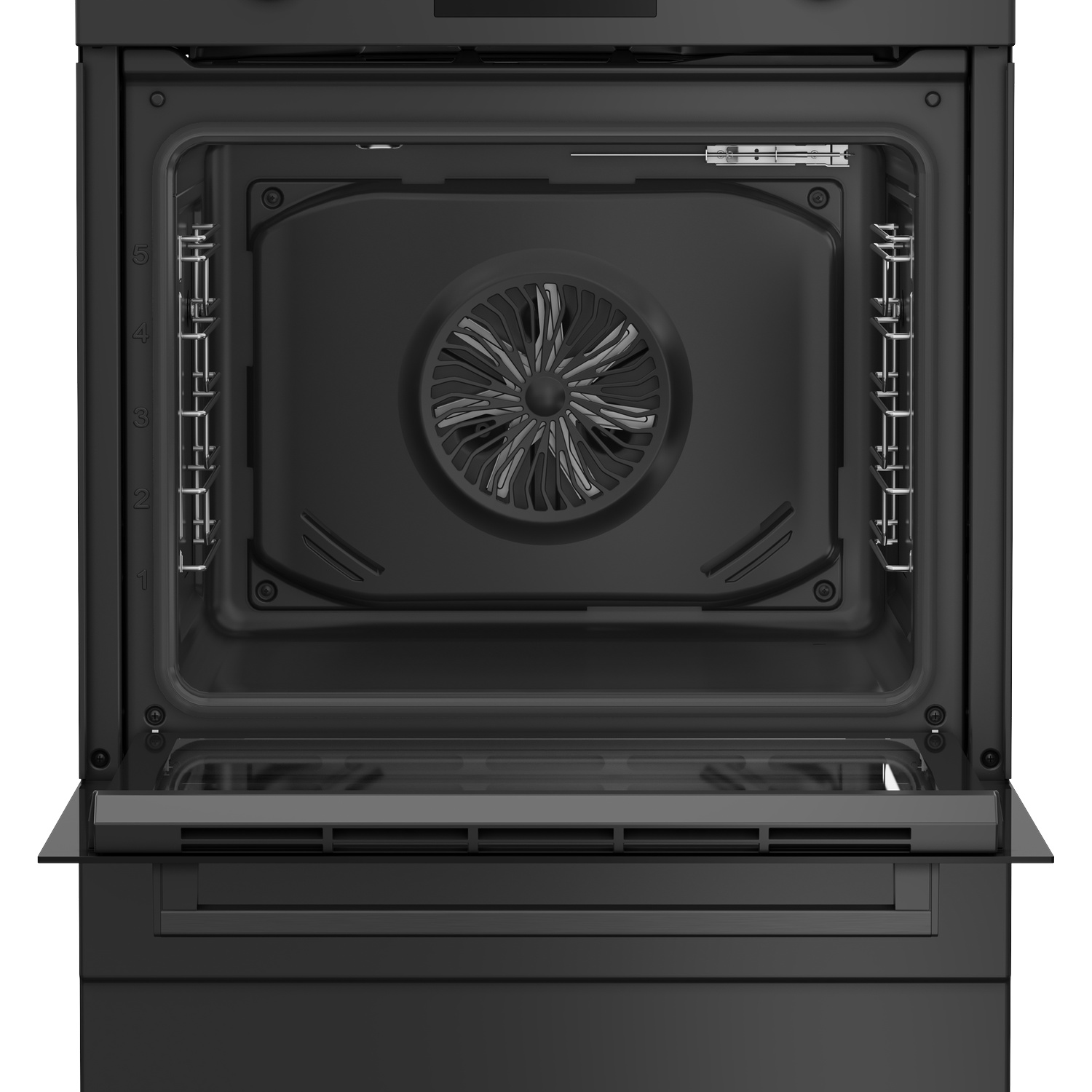 Interior view of a black oven with fan and racks. The door is open.