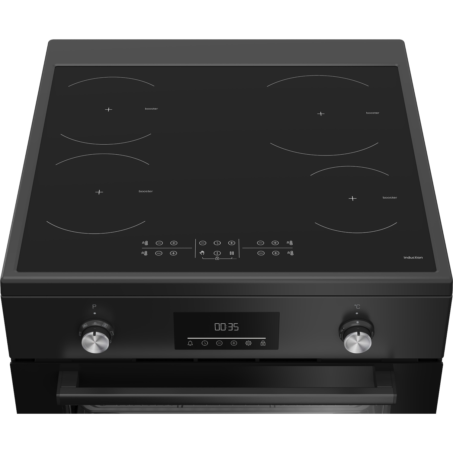 Black induction cooktop with four cooking zones and digital controls.
