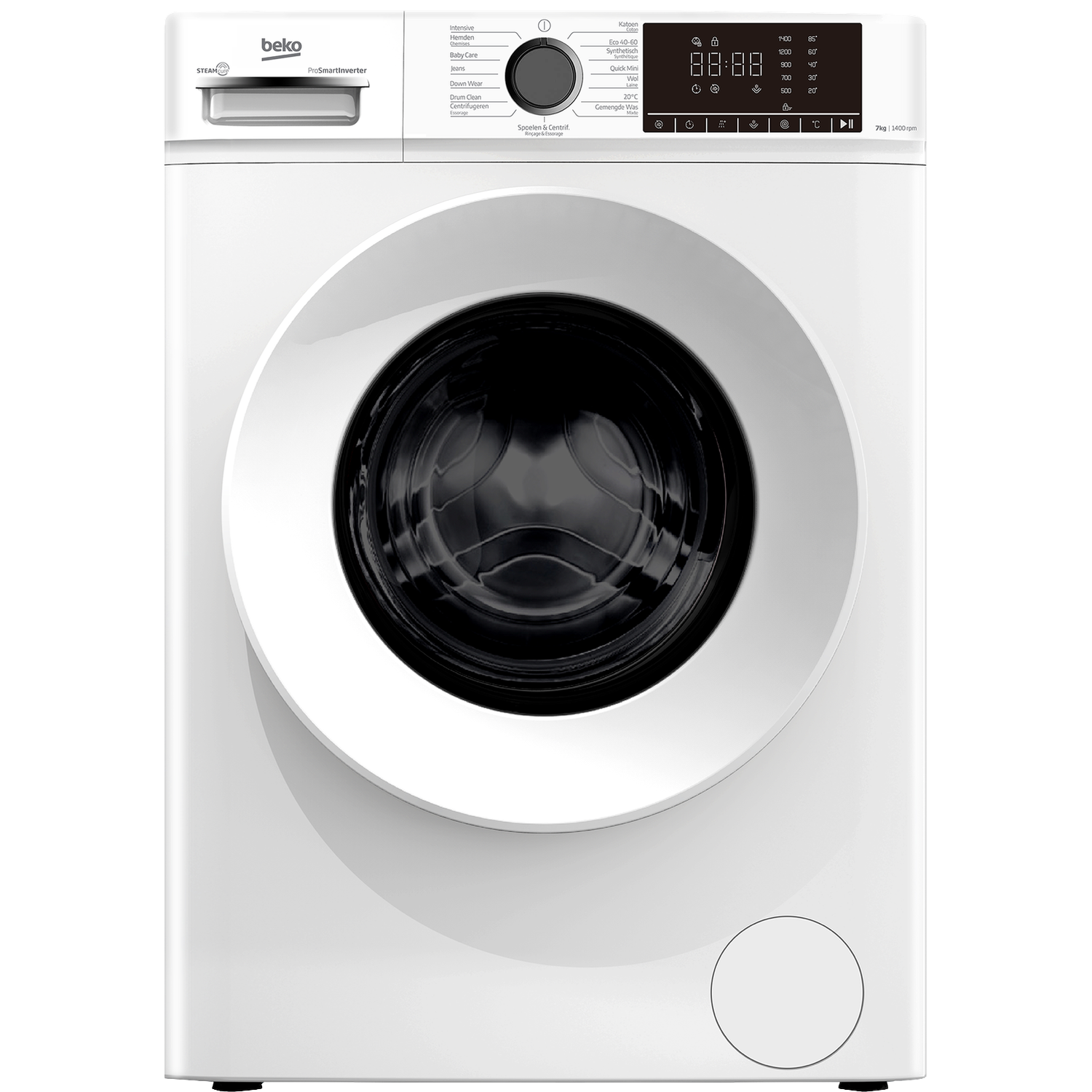 Une machine à laver Beko blanche avec écran numérique et porte ronde.