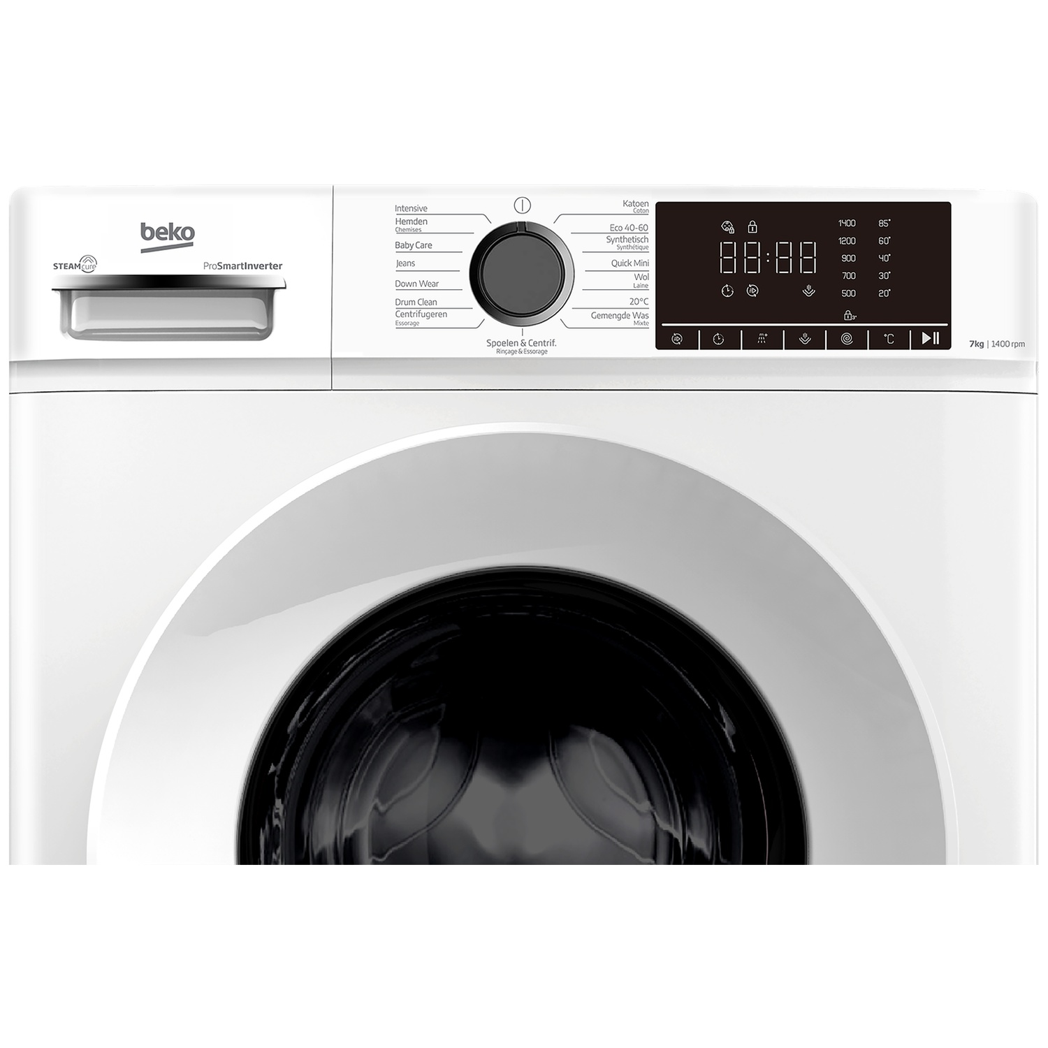 Machine à laver Beko blanche avec écran numérique et sélecteur.