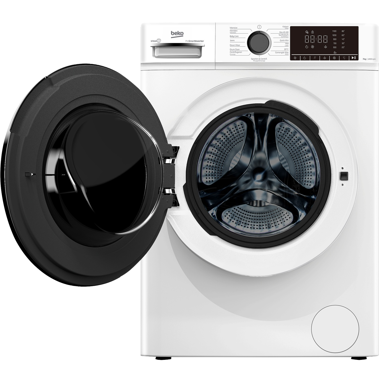 Une machine à laver Beko blanche, porte ouverte, panneau de commande visible.