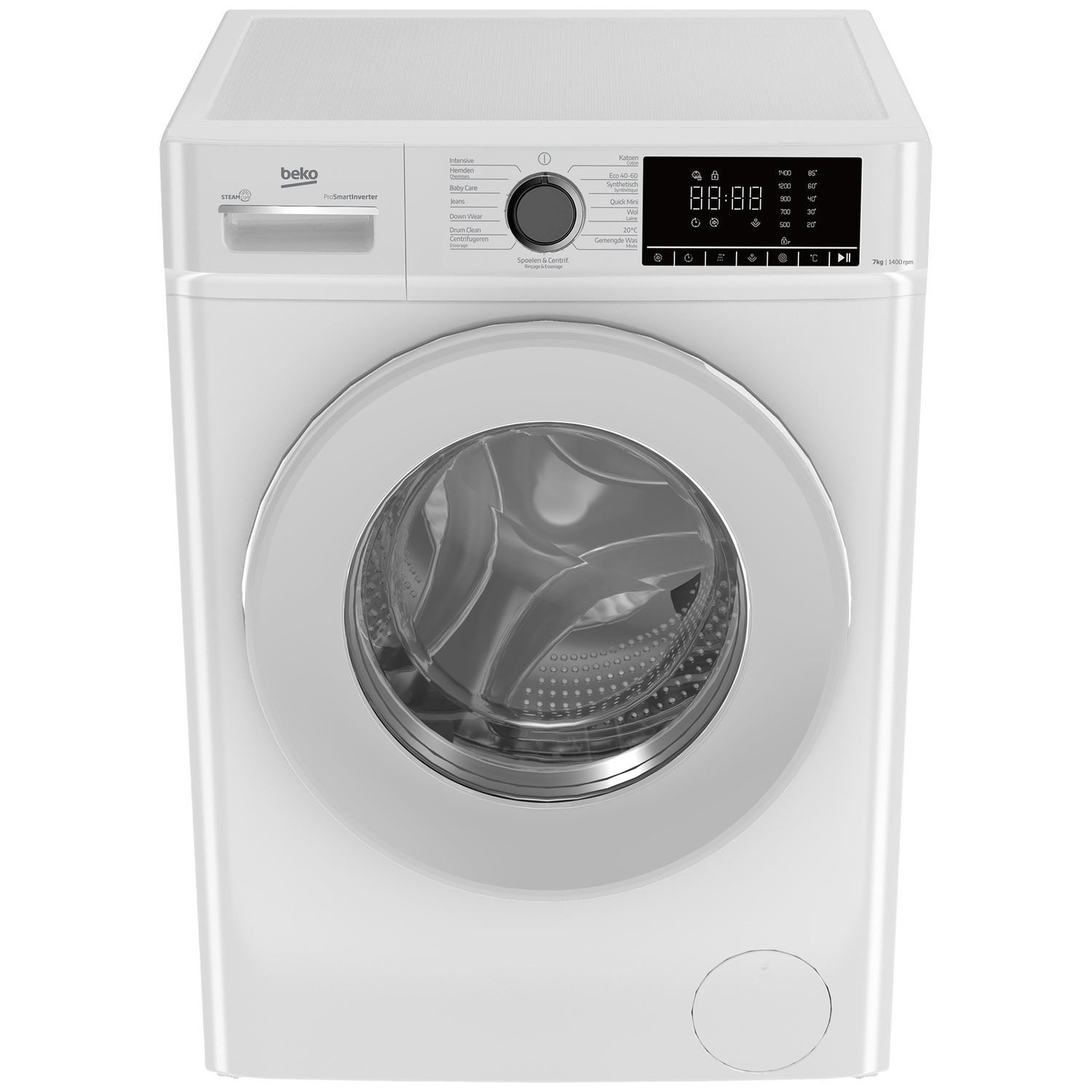 Une machine à laver Beko blanche avec écran numérique et porte ronde.