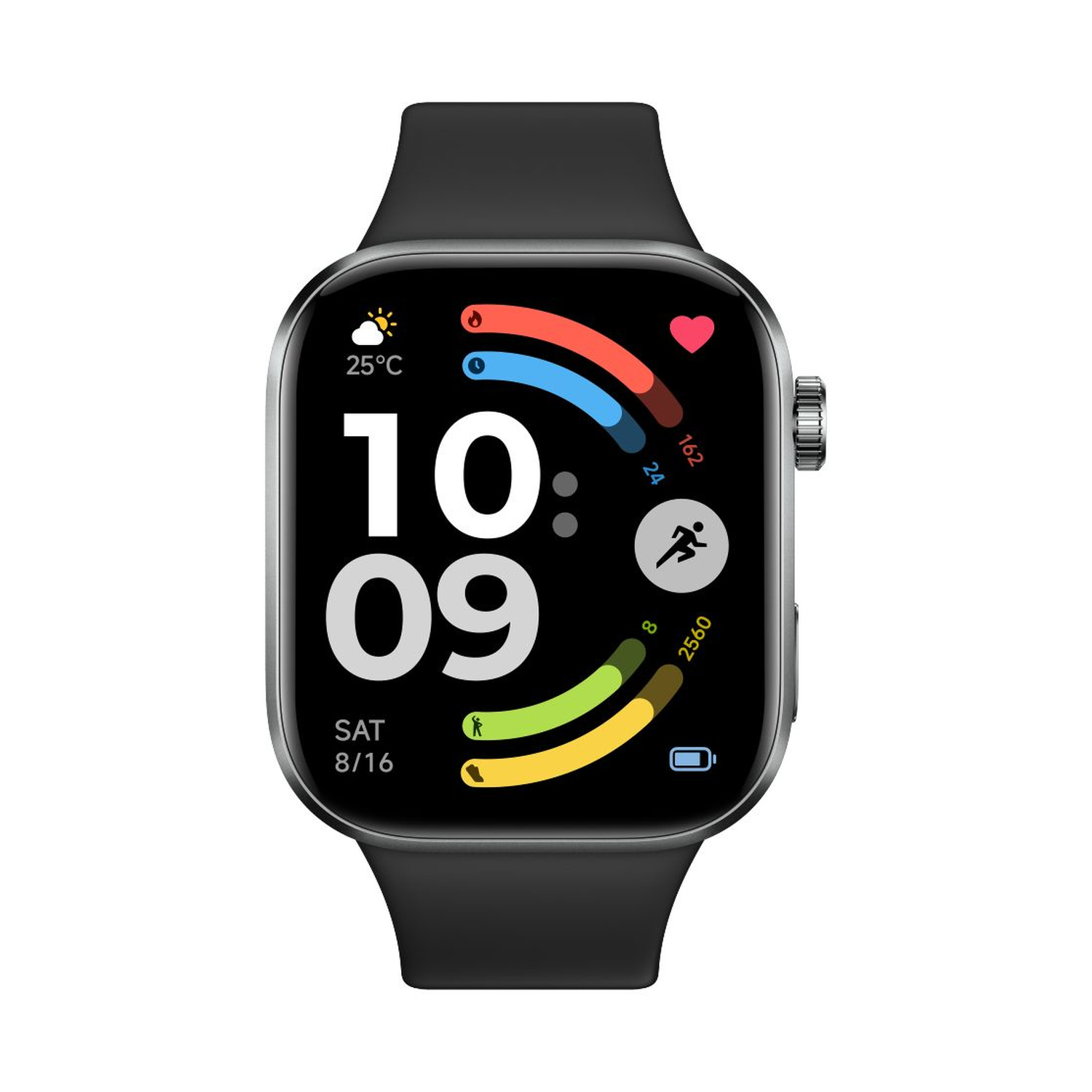 Uno smartwatch nero con quadrante scuro che mostra 25°C, 10:09 e dati fitness.