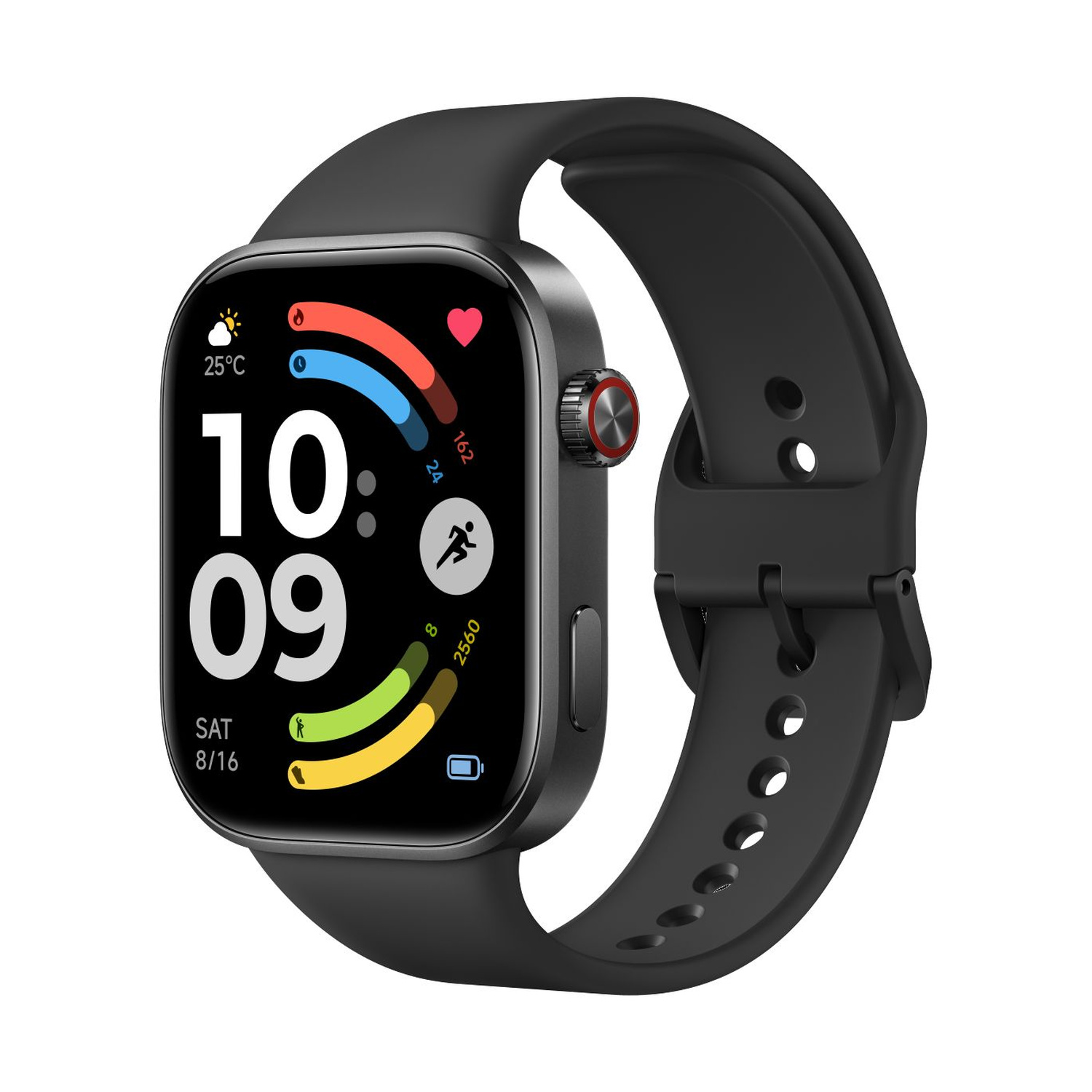 Orologio smart nero con display di ora, data e metriche di attività.