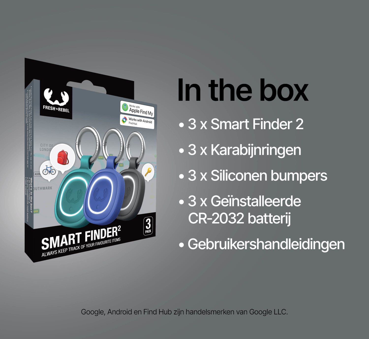 Doos met 3 Smart Finders (groenblauw, blauw, grijs), sleutelringen en accessoires.