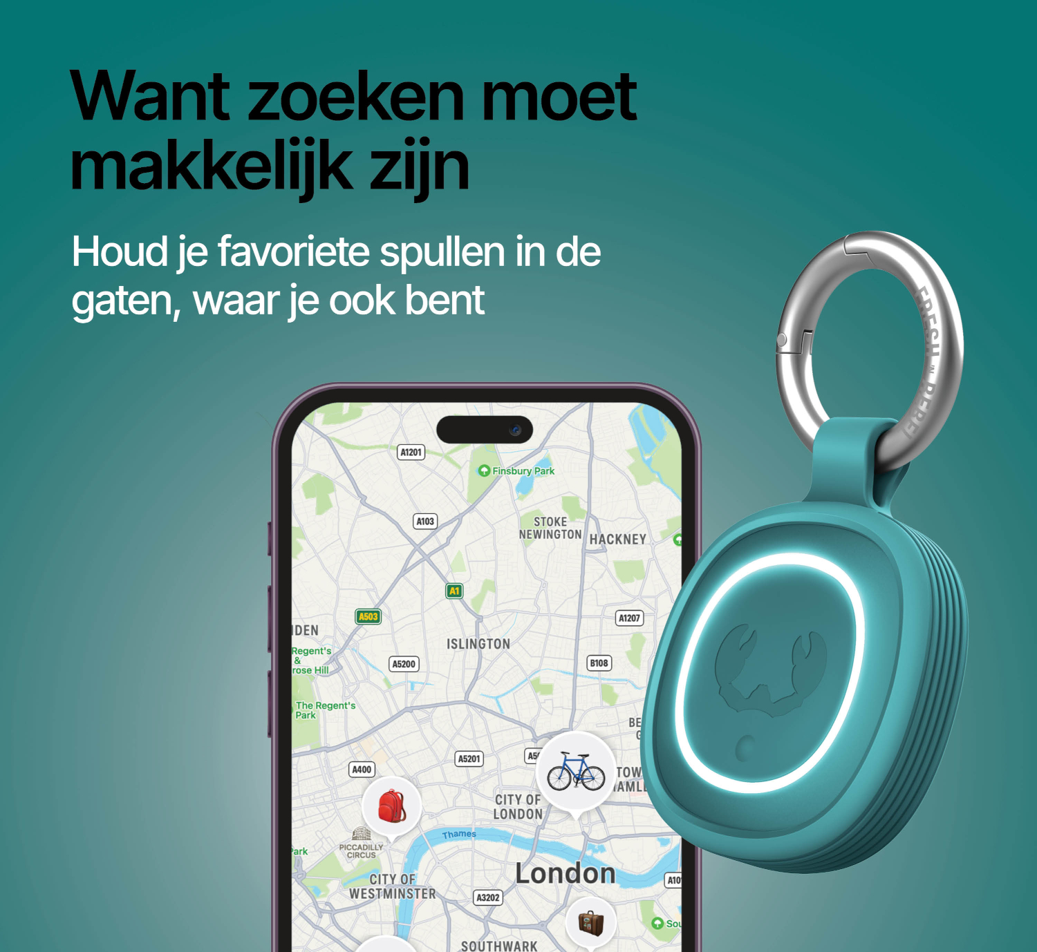 Een teal tracker met ring, naast een smartphone met een kaart van Londen.