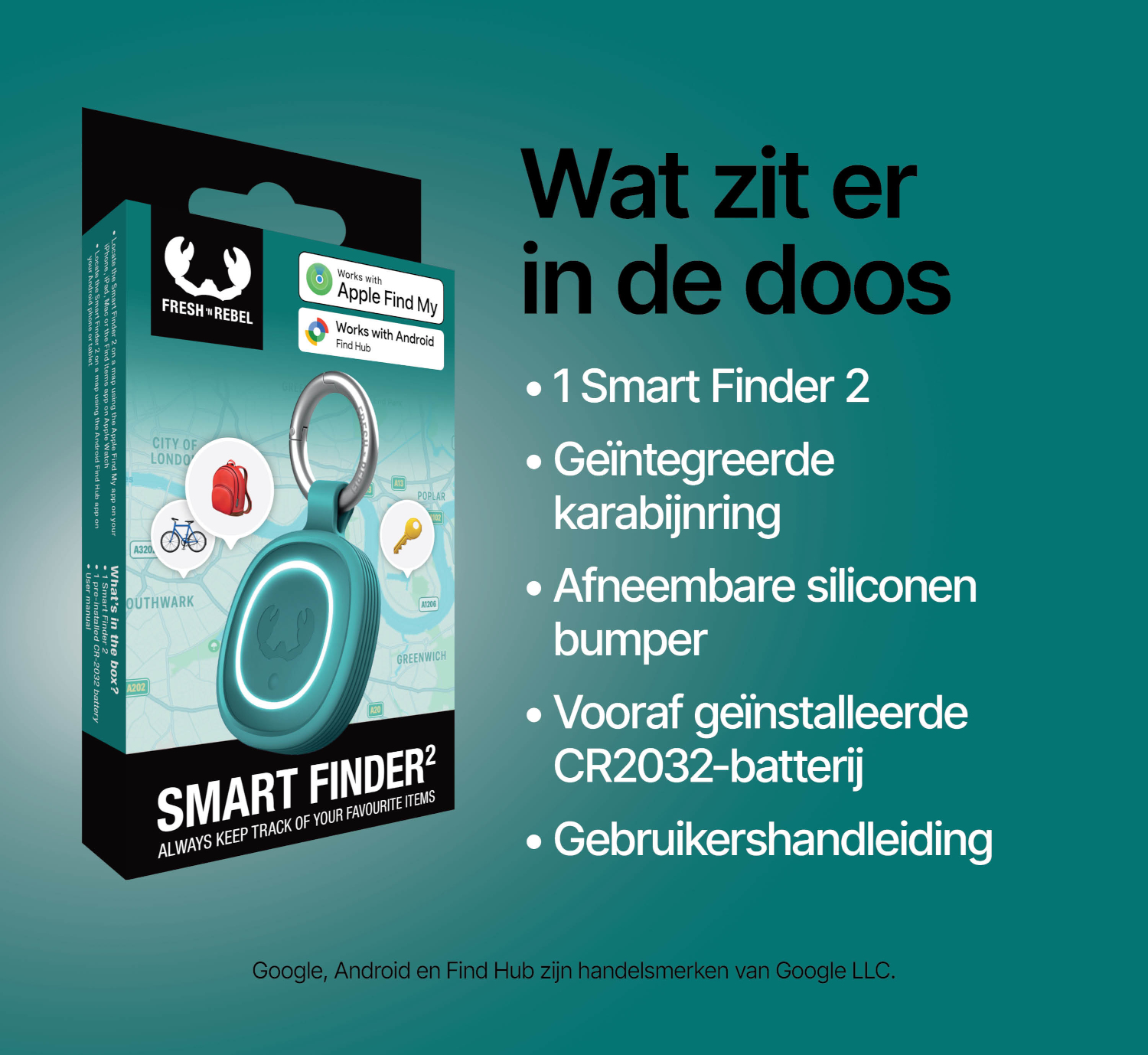 Inhoud doos: Smart Finder 2, karabijnring, siliconen bumper, batterij, handleiding. Werkt met Apple Find My.