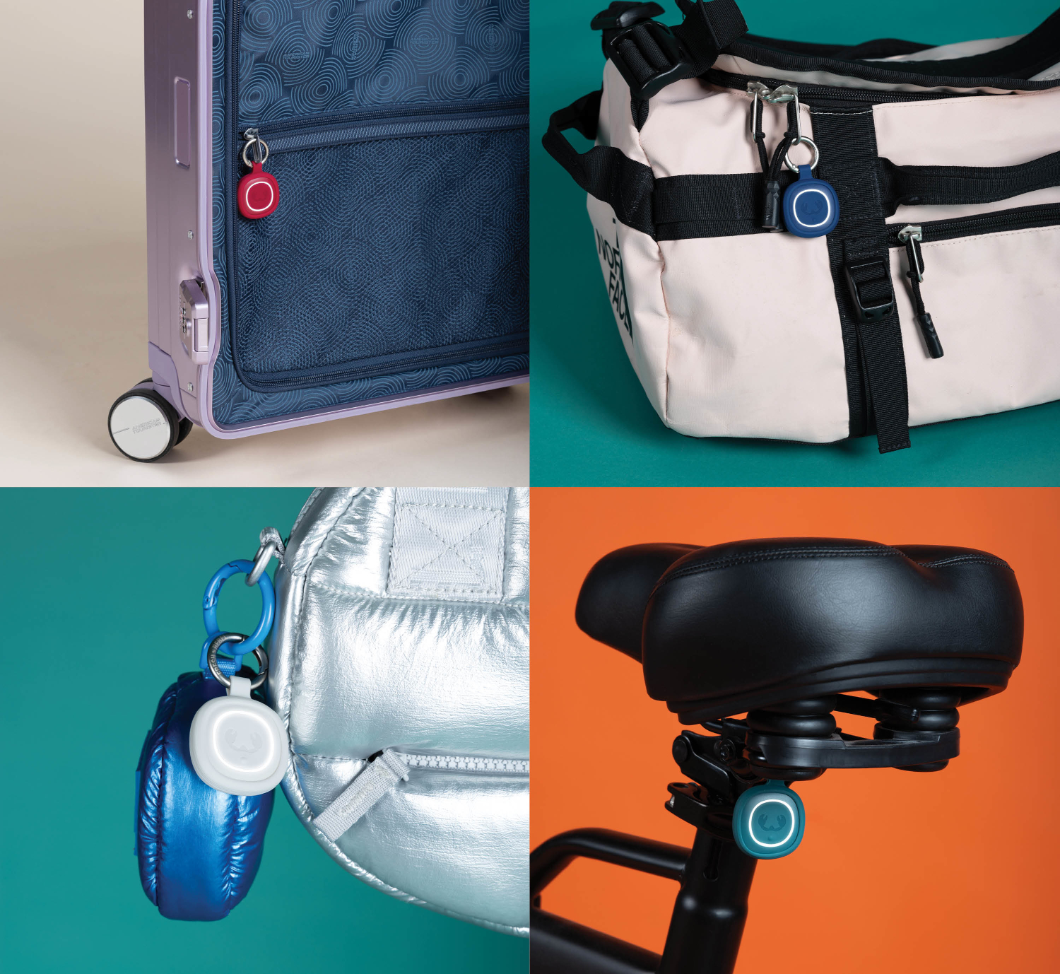 Vier beelden tonen accessoires met trackers: koffer, sporttas, zilveren tas, fietszadel.