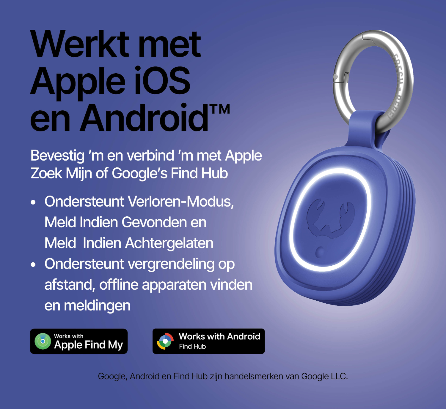 Een blauwe tracker met zilveren ring, compatibel met Apple en Android.