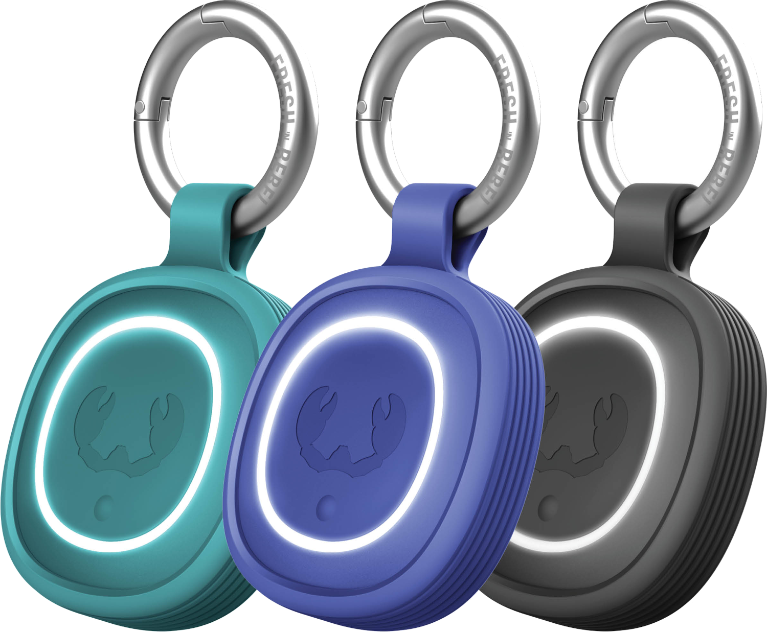 Drie ovale apparaten in groenblauw, paars en grijs met verlichte witte ringen.