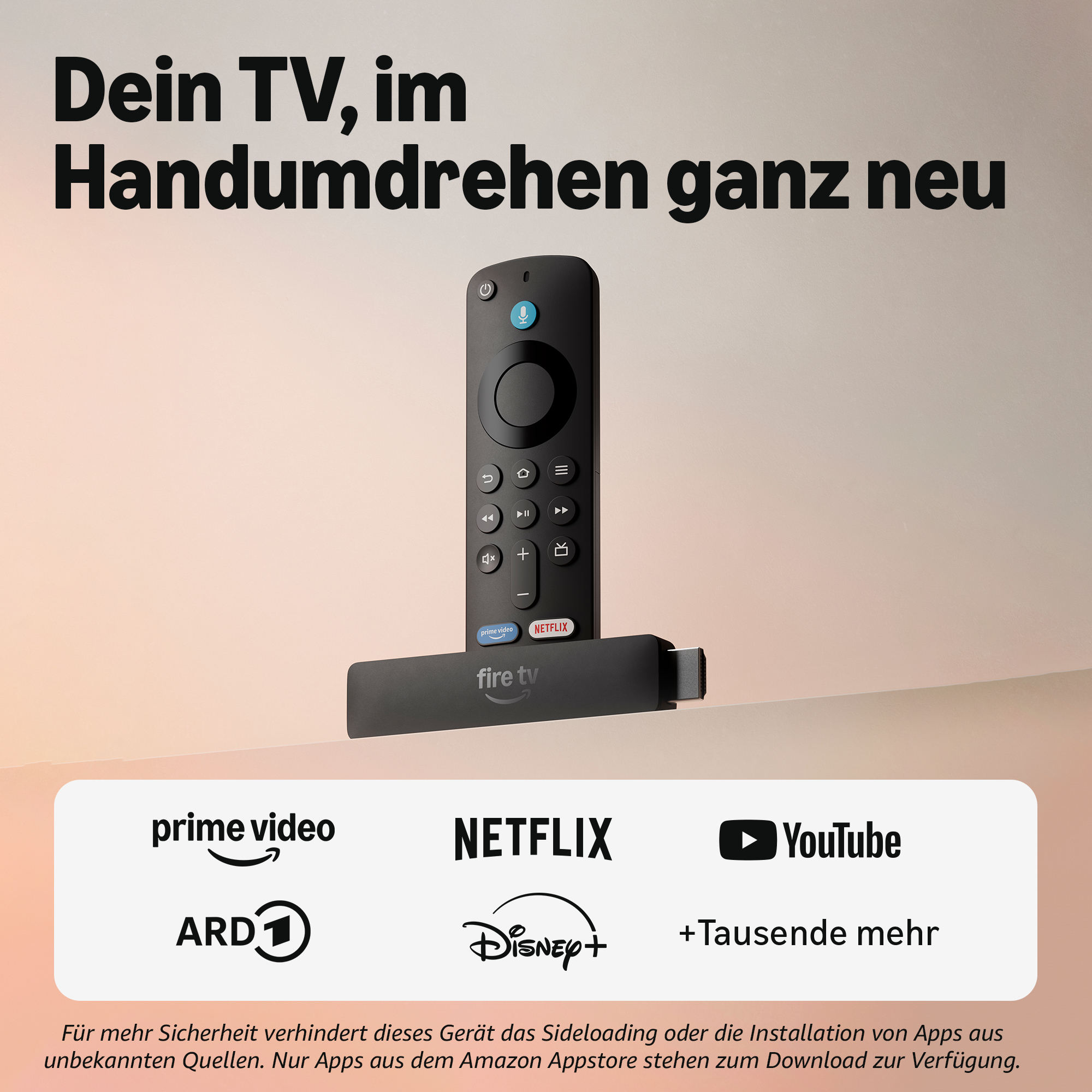 Ein schwarzer Fire TV Stick mit Fernbedienung und App-Logos wie Prime Video, Netflix, YouTube.