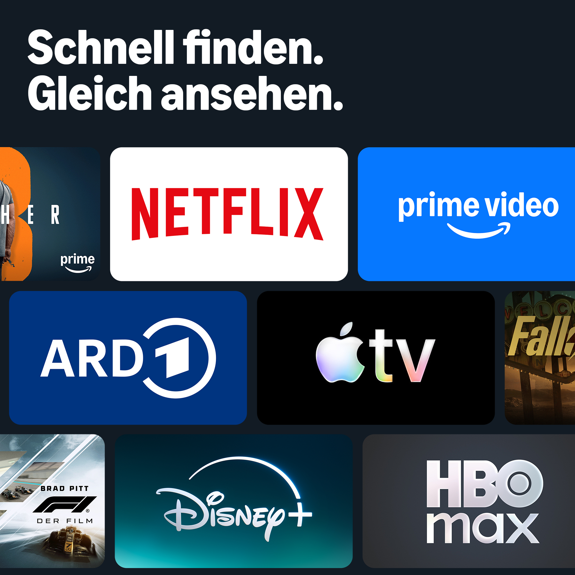 Collage von Streaming-Diensten: Netflix, Prime Video, ARD1, Apple TV, Disney+, HBO Max.