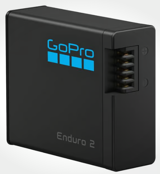 Czarna bateria GoPro Enduro 2 z niebieskim logo i stykami.