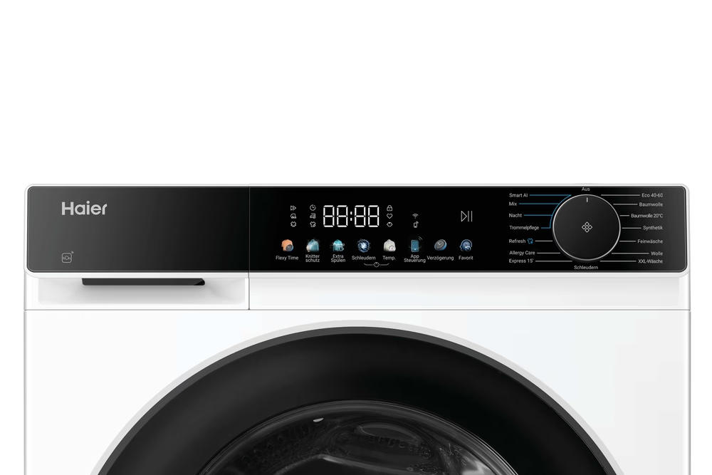 Moderne Haier Waschmaschine mit digitalem Display und Programmauswahl.