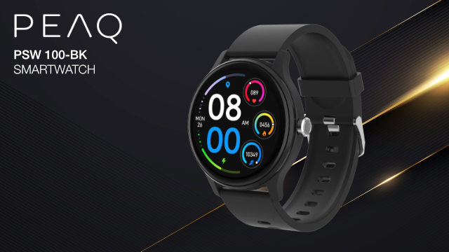Schwarze Smartwatch mit rundem Display, zeigt 08:00 Uhr und Gesundheitsdaten.
