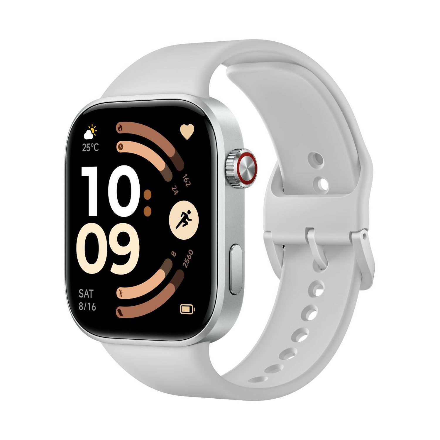 Smartwatch argento con cinturino bianco mostra ora 10:09, 25C, attività e data.