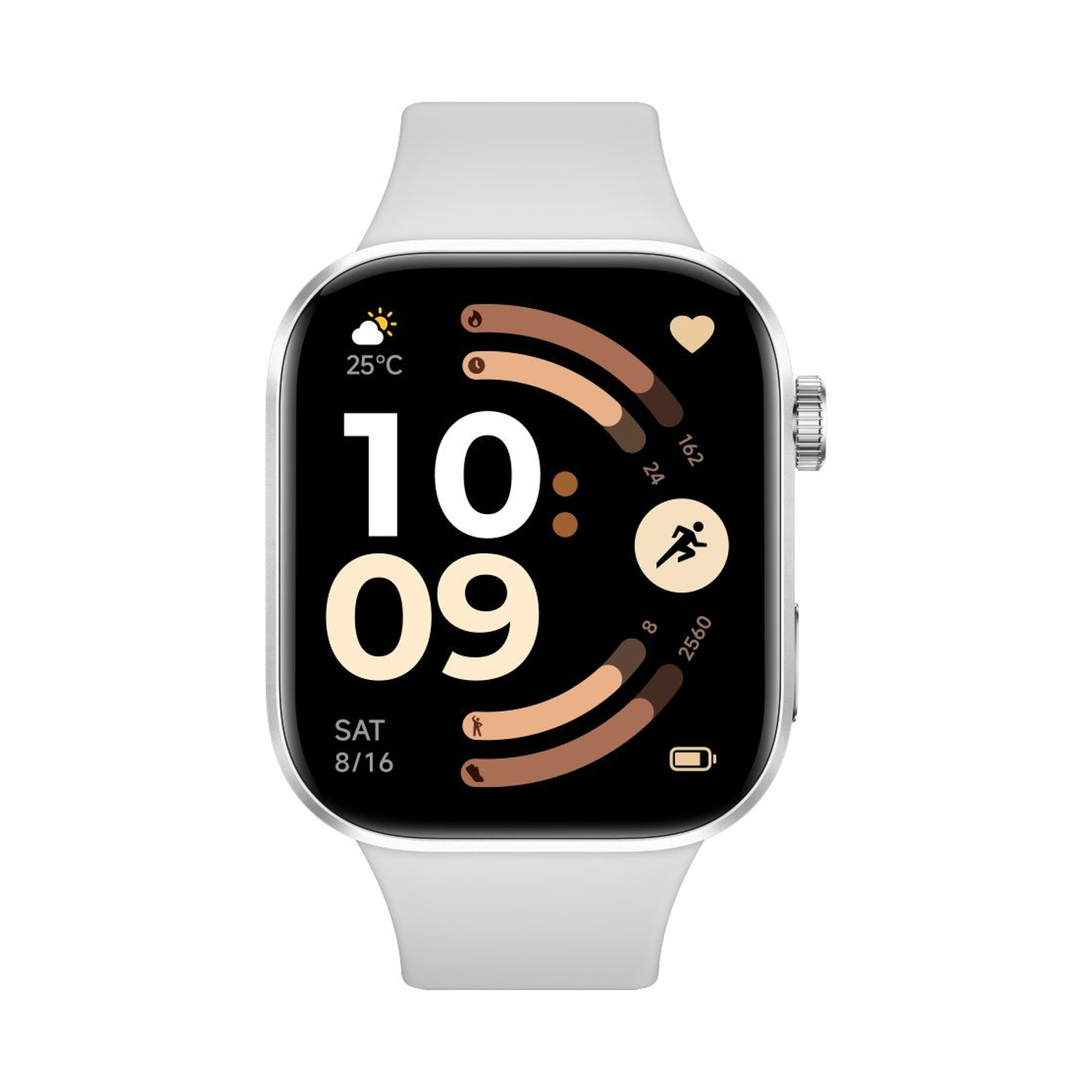 Uno smartwatch bianco mostra le 10:09, 25°C, data e metriche.