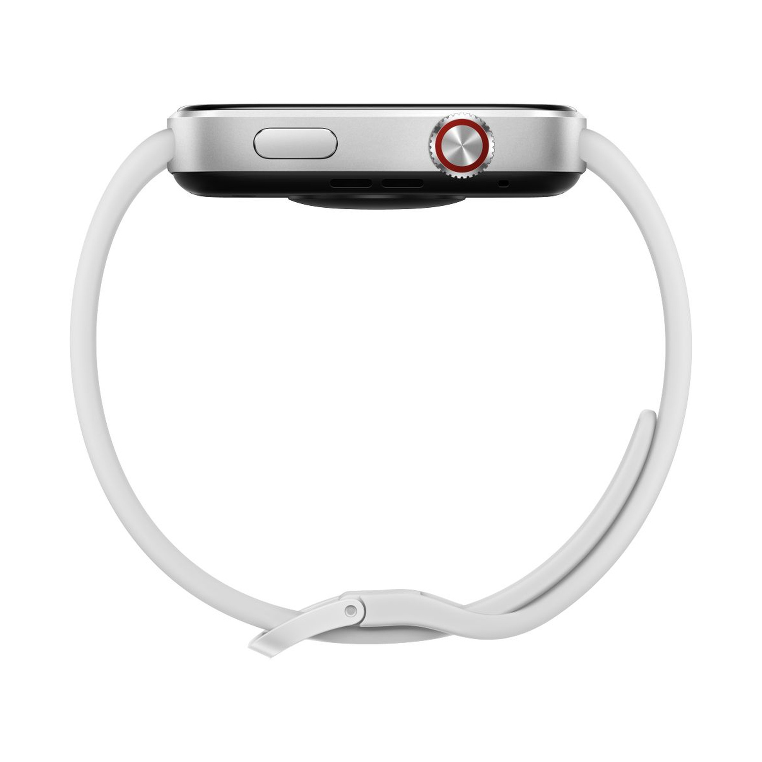 Cassa di smartwatch argentata con cinturino bianco e ghiera rossa.