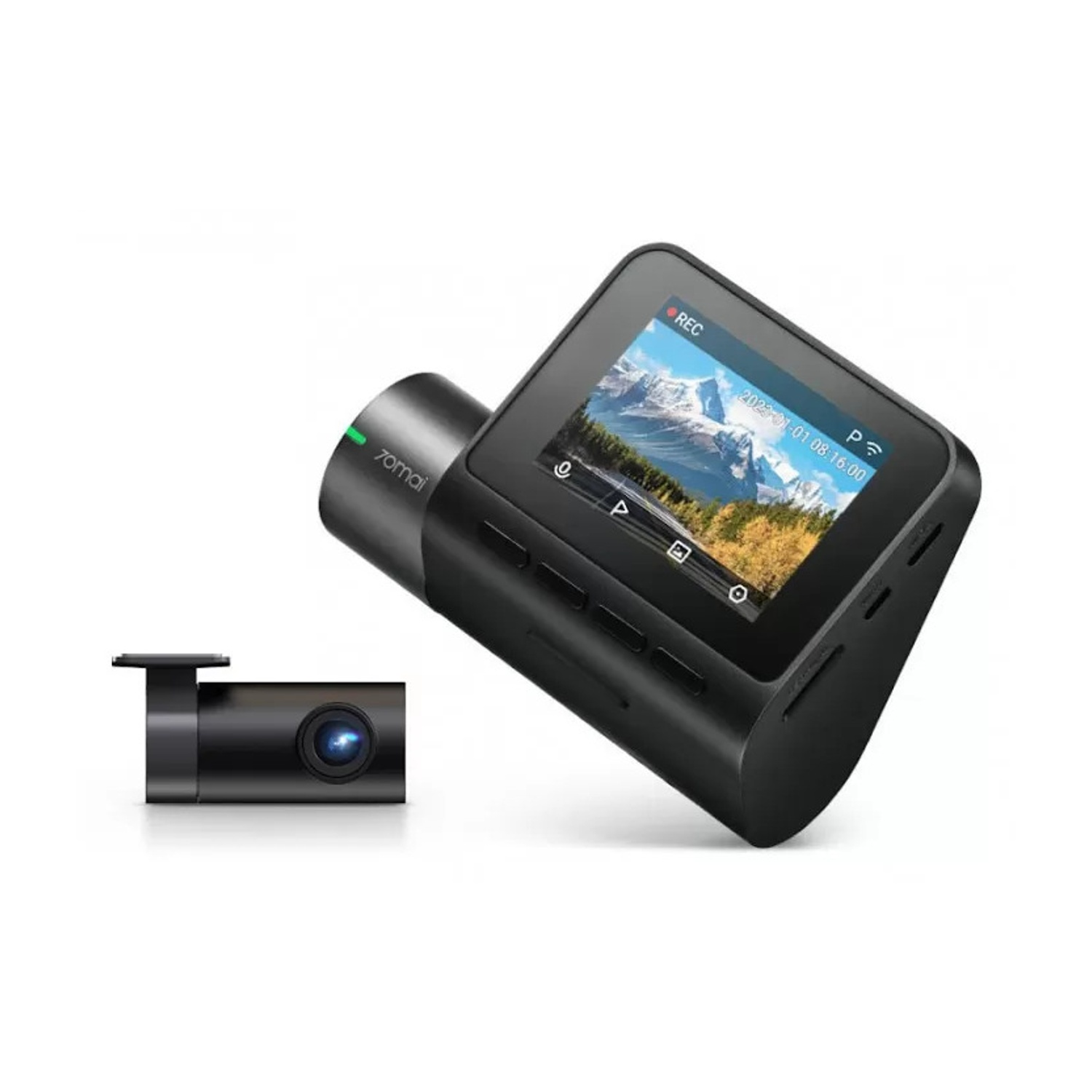 Due dashcam nere su sfondo bianco, una mostra un paesaggio montano.