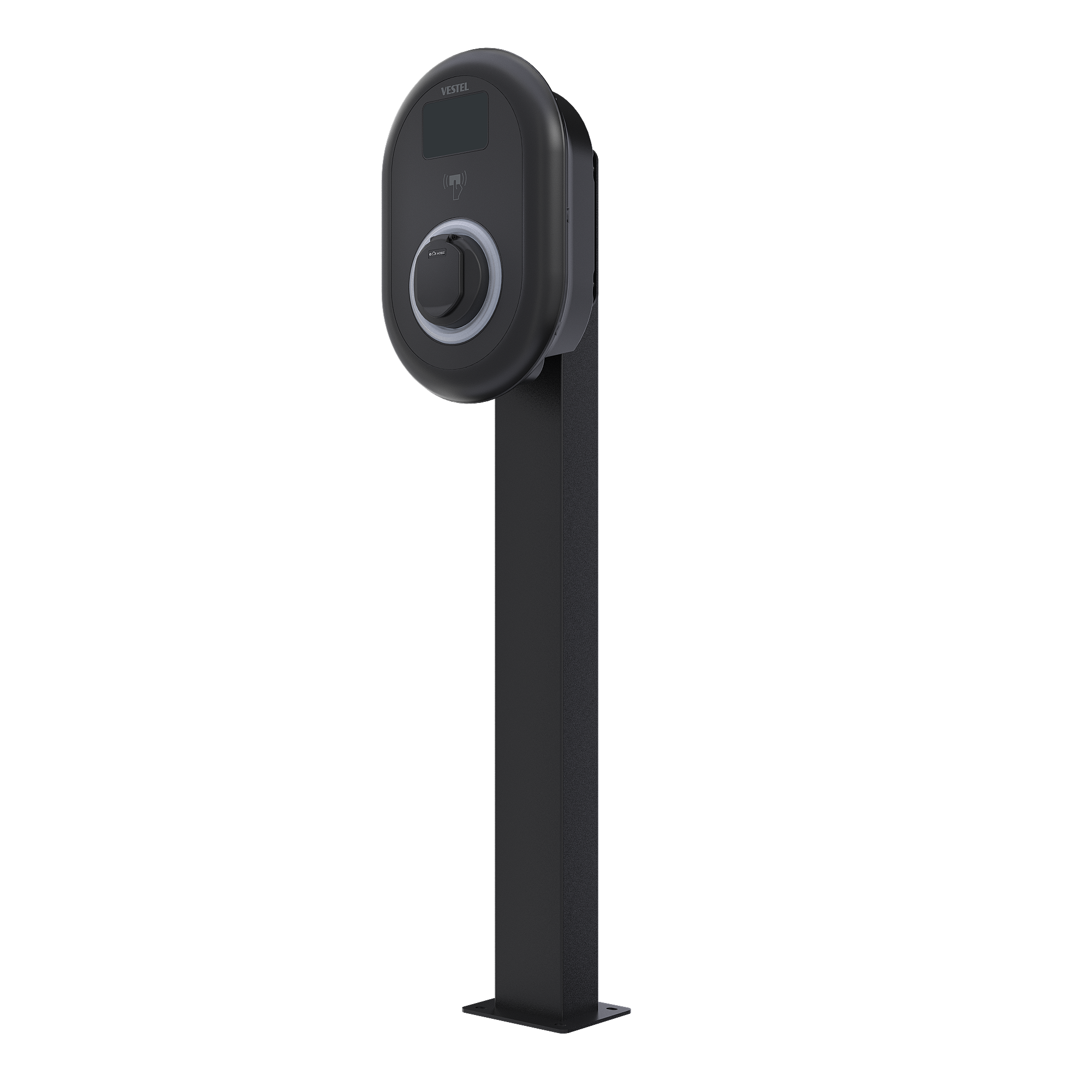Ein schwarzes, freistehendes Ladegerät für Elektroautos mit einem digitalen Display und einer runden Ladebuchse.