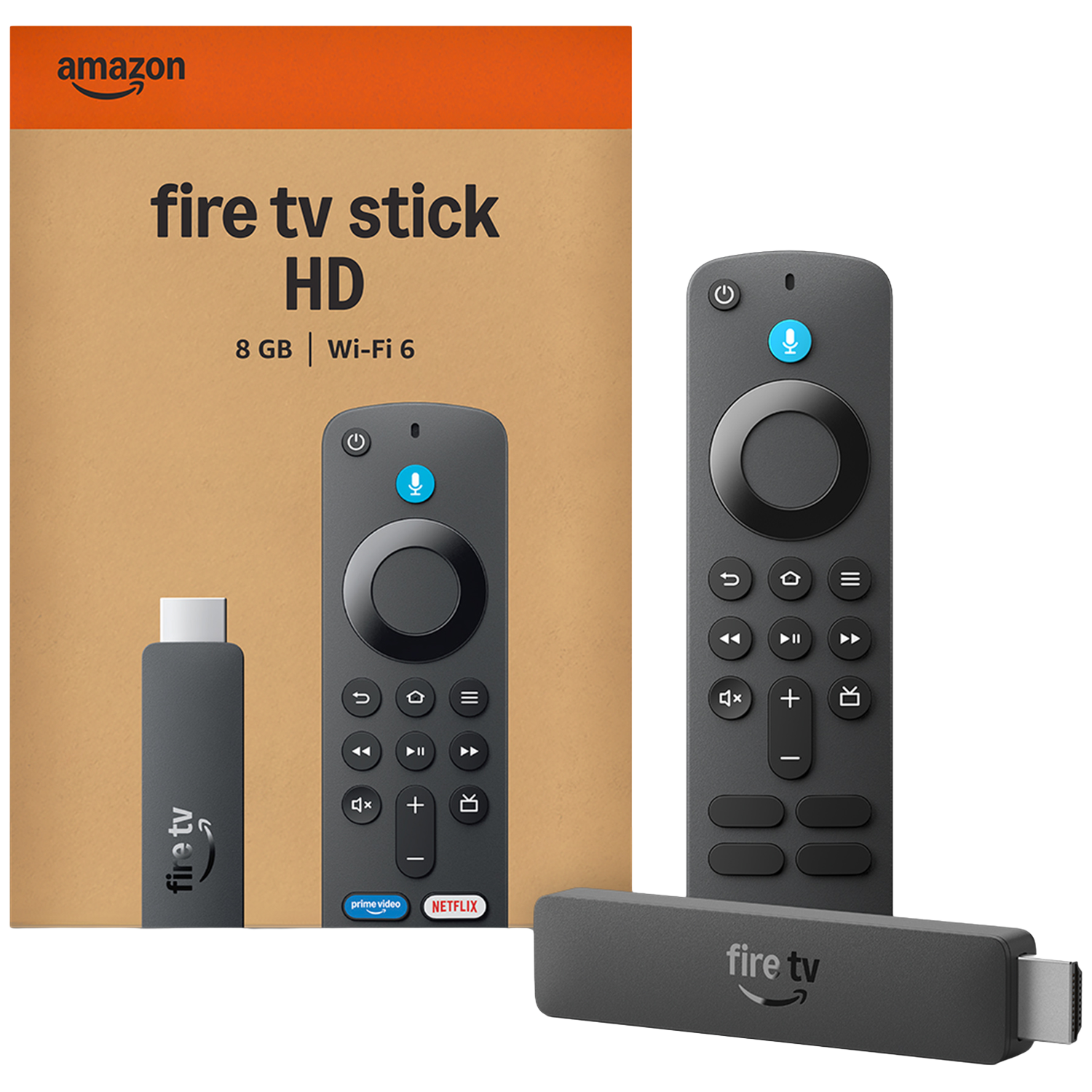 Amazon Fire TV Stick HD met afstandsbediening en stroomadapter.