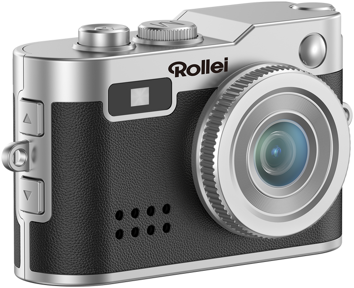 Kompakt ezüst és fekete fényképezőgép lencsével és Rollei logóval.