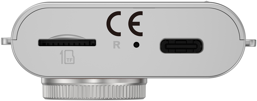 Ezüst eszköz SD kártyafoglalattal, CE jelzéssel és USB-C porttal.