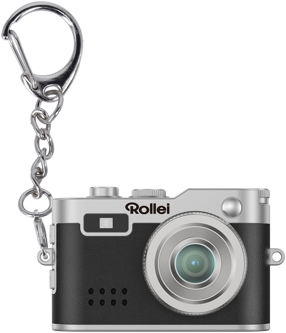 Kicsi ezüst és fekete Rollei fényképezőgép kulcstartóval.