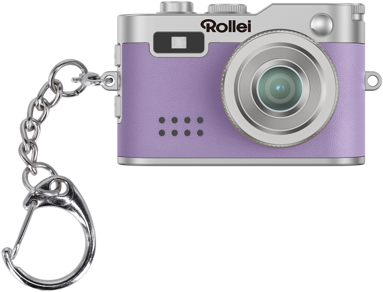 Lila digitális fényképezőgép ezüst kulcstartóval és Rollei logóval.