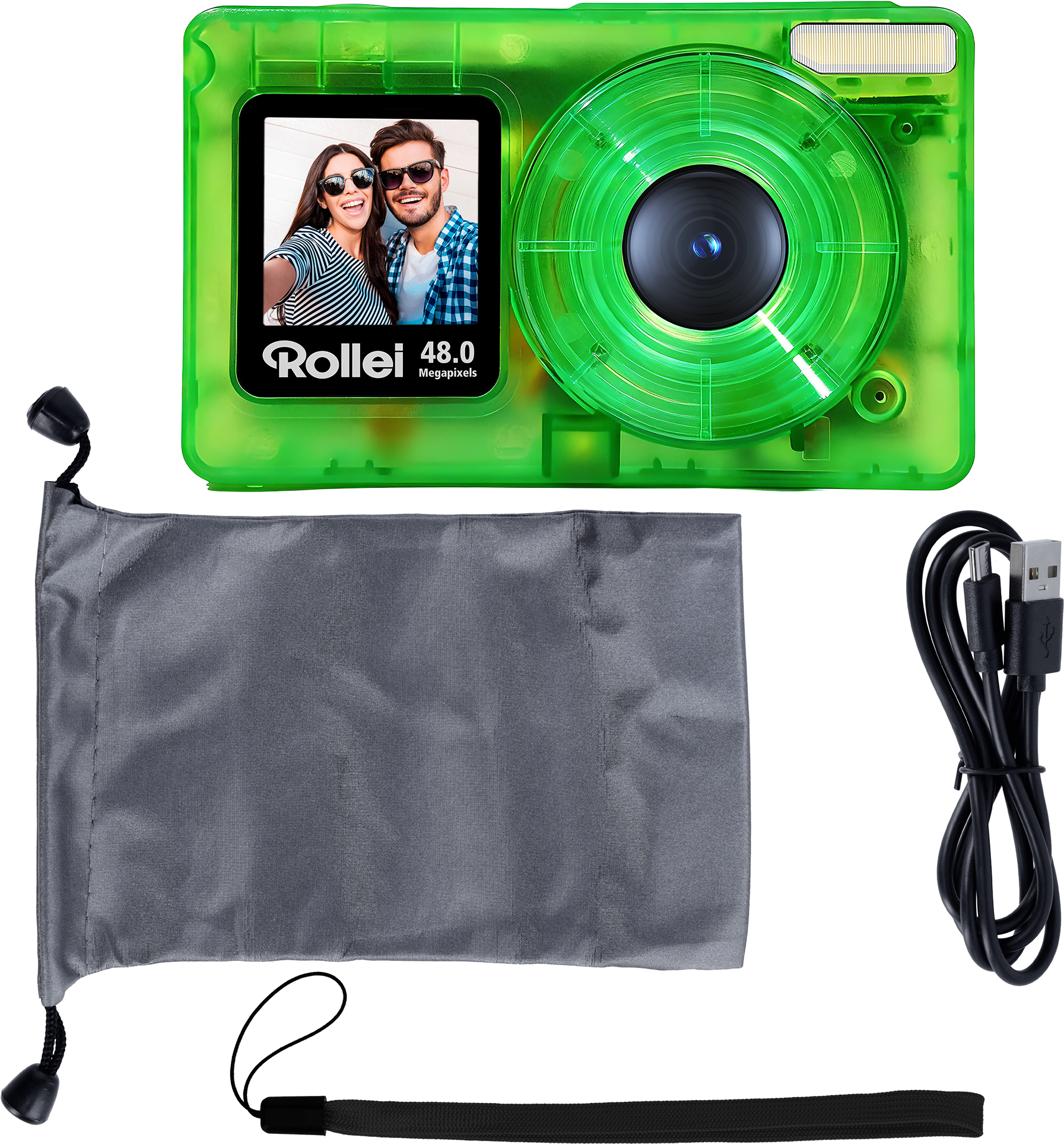 Zöld digitális fényképezőgép szelfivel és USB-kábellel fekete háttéren.