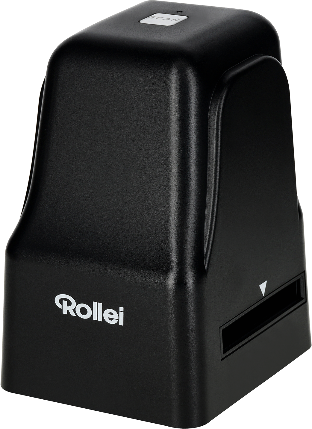 Fekete Rollei szkenner, felül scan gombbal, oldalt filmnyílással.